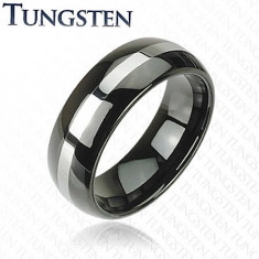 Inel negru din tungsten, linie de culoare argintie, suprafață rotunjită, 8 mm - Marime inel: 51