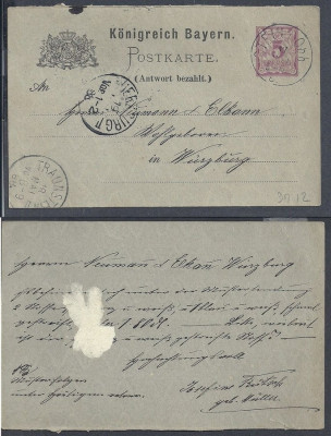 Germany Bavaria 1888 Old postcard postal stationery Steinlo to Wurzburg D.350 foto