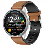 Smartwatch iSEN Watch M3 Silver cu bratara maro deschis de piele, 1.3 Touchscreen, Bt Call, IP68, 240mAh, HR, Tensiune, Notificari, Muzica