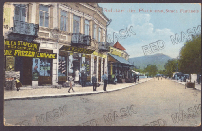 433 - PUCIOASA, Dambovita, street stores, Romania - old postcard - used - 1915