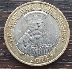 (S) MONEDA ANGLIA - 2 POUNDS 2014, COMEMORAREA PRIMULUI RAZBOI MONIDIAL - WW1