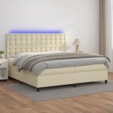 vidaXL Pat cu arcuri, saltea și LED, crem, 200x200 cm, piele ecologică