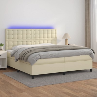 vidaXL Pat cu arcuri, saltea și LED, crem, 200x200 cm, piele ecologică 3135965 foto