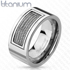 Inel din titan - culoare argintie decorat cu fire metalice, 10 mm - Marime inel: 60
