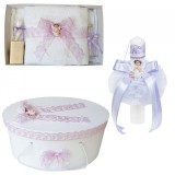 Set trusou botez, cutie trusou si lumanare, dantela si Ingeras, decor Lila,