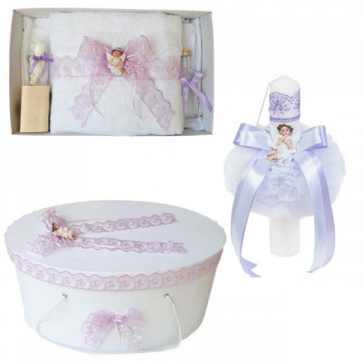 Set trusou botez, cutie trusou si lumanare, dantela si Ingeras, decor Lila, foto