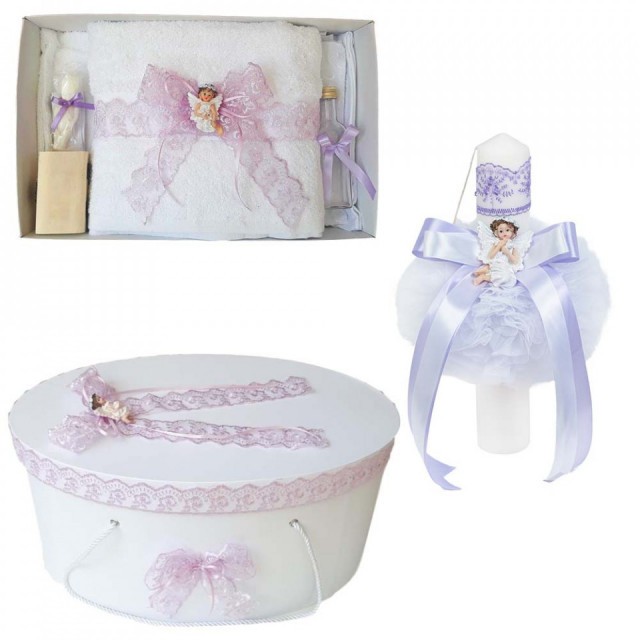 Set trusou botez, cutie trusou si lumanare, dantela si Ingeras, decor Lila,