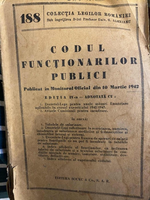 Codul functionarilor publici 1942 editia a doua adnotata