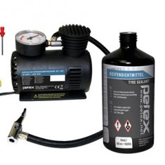 Kit pentru reparatii anvelope PETEX 445100PX, compresor aer 12V, 18 bar, etansant 450 ml, extractor ventil, 1 x ventil, 3 x adaptoare pentru umflat