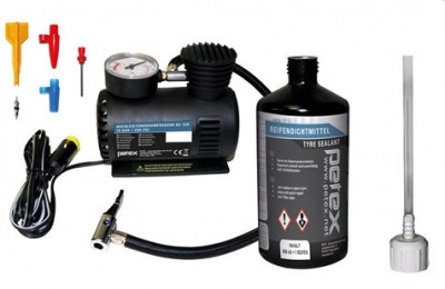 Kit pentru reparatii anvelope PETEX 445100PX, compresor aer 12V, 18 bar, etansant 450 ml, extractor ventil, 1 x ventil, 3 x adaptoare pentru umflat foto