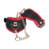 Cătușe OUCH! Handcuffs - Milan Collection, pentru jocuri erotice BDSM, cu lanț auriu, din piele &icirc;mbinată, culoare negru cu roșu