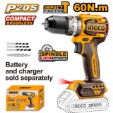 Masina de gaurit bormasina 20 v bl cu mandrina metalica si impact fara acumulator, pentru gaurire si insurubare - Ingco CIDLI206021