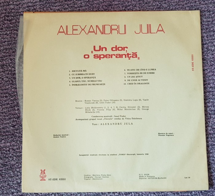 Alexandru Jula, Un dor o speranta, disc vinil