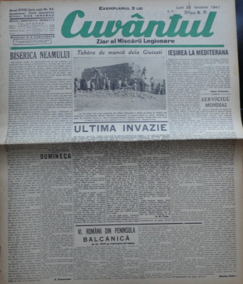 Cuvantul , ziar al miscarii legionare , 20 decembrie 1940 , nr. 95 foto