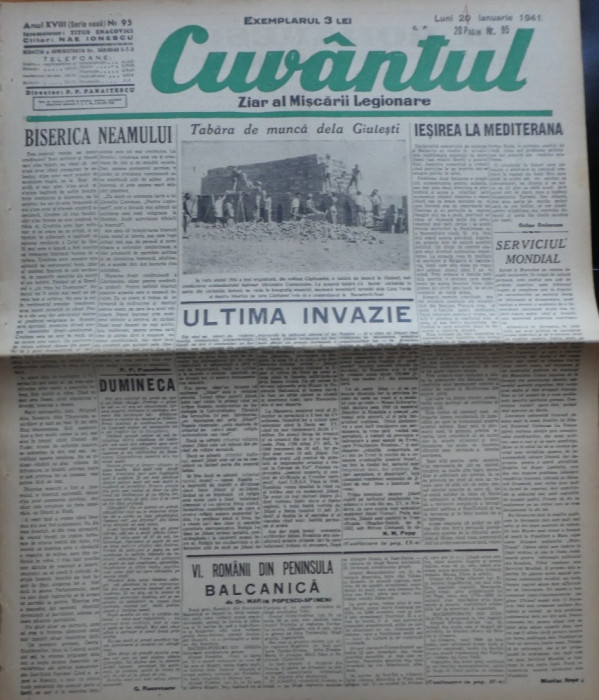 Cuvantul , ziar al miscarii legionare , 20 decembrie 1940 , nr. 95