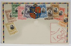 MONTAJ CU 10 TIMBRE EMISE DE REGATUL ROMANIEI, CU PORTRETUL REGELUI CAROL I , STEMA REGALA SI HARTA REGATULUI , CROMOLITOGRAFIE , INCEPUT DE SECOL XX