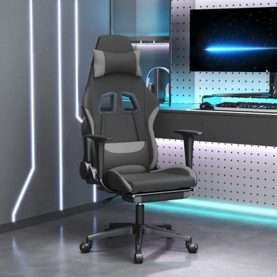 Scaun gaming cu masaj/suport picioare, negru/gri deschis textil foto