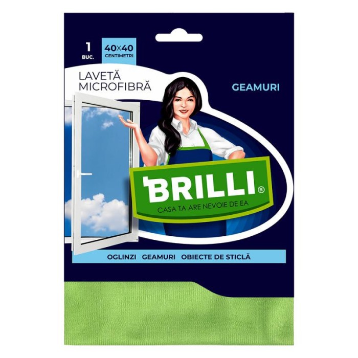 Laveta microfibra pentru geam Brilli, 40 X 40 cm, 1 bucata/set