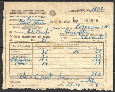 ROM&amp;Acirc;NIA 1974 - CHITANȚĂ - MINISTERUL FINANȚELOR - REPUBLICA SOCIALISTĂ ROM&amp;Acirc;NIA - ADMINISTRAȚIA FINANCIARĂ A JUDEȚULUI BACĂU - GLĂVĂNEȘTI (D4) foto