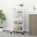 Cărucior Bucătărie 5 Niveluri vidaXL Alb 46x26x105cm Fier, Roti cu Fr&acirc;nă, Raft Mobil Depozitare Multifuncțional