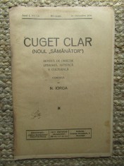 Revista - Cuget Clar - Noul Semanator - condusa de N. Iorga - ANUL I NR. 14 14 OCTOMBRIE 1936