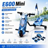Tricicleta electrica Drift 360 KidsCare E600 Mini pentru copii, motor 150W, viteza maxima 15 km/h, baterie 36V 2.4Ah, lumini LED, roti drift, albastru