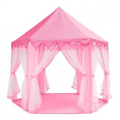 Cort de joaca pentru copii, hexagonal, cu perdele, roz, 135x135x140 cm foto