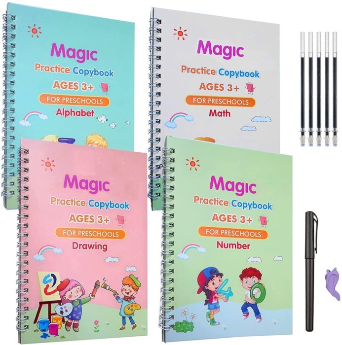 Set 4 x Caiete Sank&trade; Magic Practice Copybook, 1 x Stilou Magic, 5 x Rezerve, 1 x Suport degete