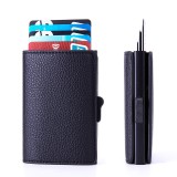 Portofel, pentru Carduri, Black Slim, negru elegant, Piele ecologica, slot din aliaj de aluminiu, cu design RFID, 9.8 cm h, 6.5 cm l, 2 cm grosime