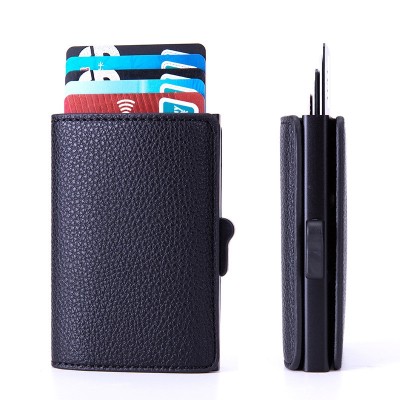 Portofel, pentru Carduri, Black Slim, negru elegant, Piele ecologica, slot din aliaj de aluminiu, cu design RFID, 9.8 cm h, 6.5 cm l, 2 cm grosime foto