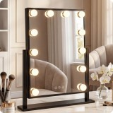 Oglindă de machiaj Hollywood neagră 47x36cm cu 12 LED-uri, temperaturi de culoare și mărire X10