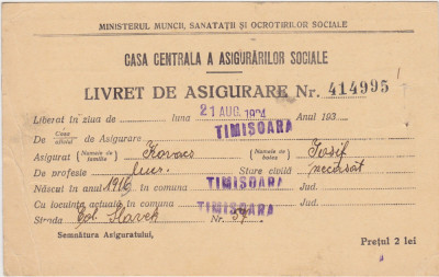 Livret DE ASIGURARE Sociala Timisoara 1934, Ministerul muncii sanatatii foto