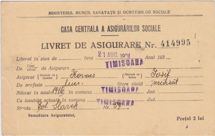 Livret DE ASIGURARE Sociala Timisoara 1934, Ministerul muncii sanatatii
