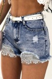 E1063-444 Pantaloni scurti de blugi cu dantela si strasuri, S