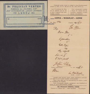 HST 107S Plic + reteta Farmacia La Vulturul Alb Lugoj 1941 foto
