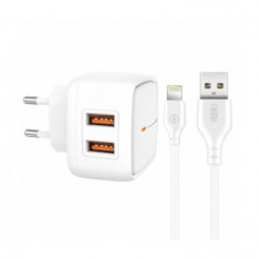 INCARCATOR RETEA CU CABLU DE DATE LIGHTNING XO-L61, 2 X USB, 2.4A, ALB, BLISTER