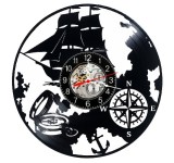 Ceas de perete decorativ disc vinil, Corabie cu Panze, Roza Vanturilor, Nautic, Negru, 30 cm, Manual, Silentios