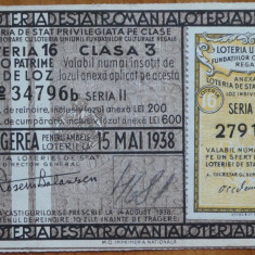 Bilet de loterie ; Loteria de Stat ; Clasa 3 ; 15 Mai 1938 ; Timbrul Loteriei