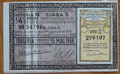 Bilet de loterie ; Loteria de Stat ; Clasa 3 ; 15 Mai 1938 ; Timbrul Loteriei foto