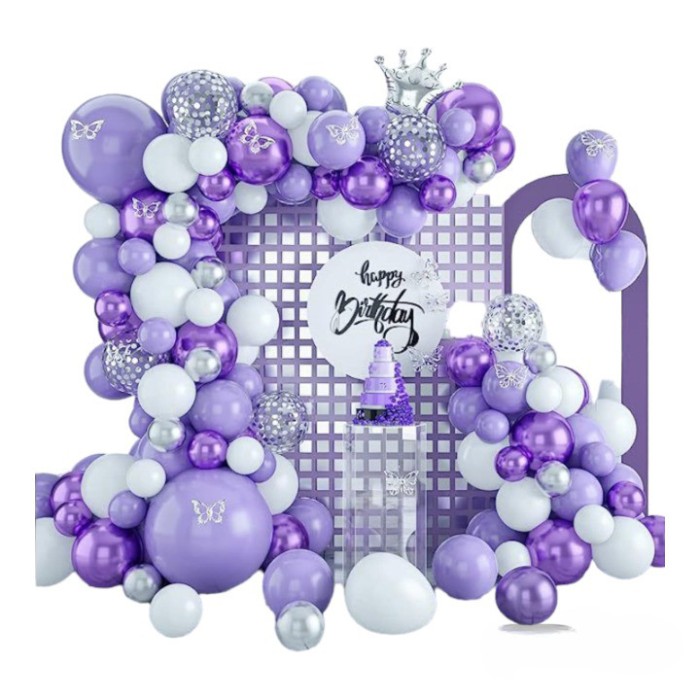 Set 105 baloane, Arcada aniversara, Botez/Baby shower, 12 fluturi argintii, Mov lila