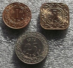 P1. Suriname Surinam 1 cent 1966 + 5 + 25 cents 1972 aUNC **