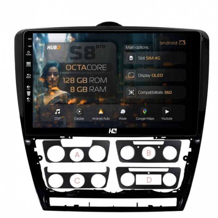 Navigatie Skoda Octavia 2 8GB RAM Android 13 Octacore Slot Sim 4G DSP GPS Wi-FI Carplay Android Auto USB Bluetooth Waze Touchscreen 10.1 Inch