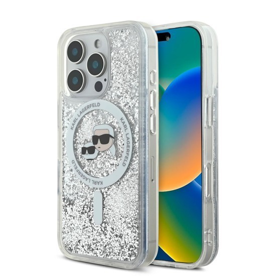 Husa pentru iPhone 16 Pro - Karl Lagerfeld Liquid Glitter MagSafe (KLHMP16LLGKCSGH) - Clear Karl&amp;Choupette Head