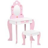 ZONEKIZ Set de masa de machiaj cu scaun si oglinda si sertar din lemn MDF pentru copii de 3-6 ani, alb si roz | AOSOM RO