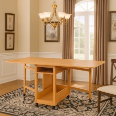 Masa plianta cu spatiu depozitare Util, pentru living si bucatarie, PAL, structura lemn masiv, cu role, 6 persoane, 160x96x80 cm, fag