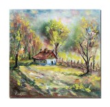 Cumpara ieftin Tablou peisaj cu casa taraneasca pictat manual, 40x40cm ulei pe panza, Romeo Coroi