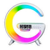 Cumpara ieftin Statie multifunctionala 3 in 1 cu incarcare wireless rapida 15W, boxa Bluetooth, lampa ambientala LED RGB, ceas digital si alarma, alba