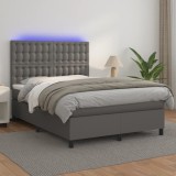 vidaXL Pat cu arcuri, cu saltea &amp; LED, gri, 140x190 cm, piele eco
