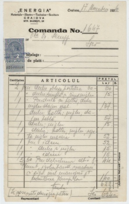 Romania, Energia, Materiale-Electrice-Technice-Sanitare, Nota de lucru (IV), Craiova, 1936
