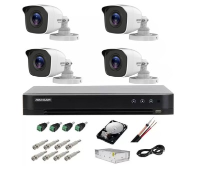 Kit complet supraveghere 5 MP lite Hiwatch by Hikvision Turbo HD cu 4 camere Bullet IR 20m, alimentator, cabluri, mufe, HDD 1 Tb, vizualizare pe inter foto